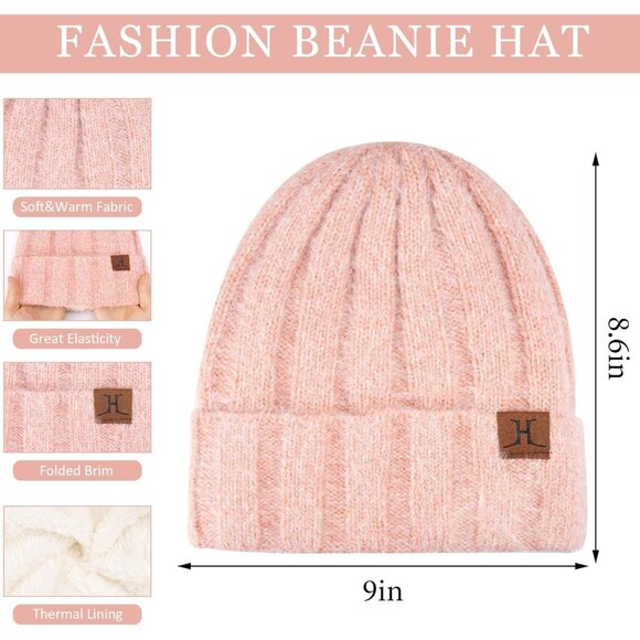 Women's Pink Warm Knit Beanie Hat Touchscreen Gloves Long Neck Scarf Set - Picture 2 of 6